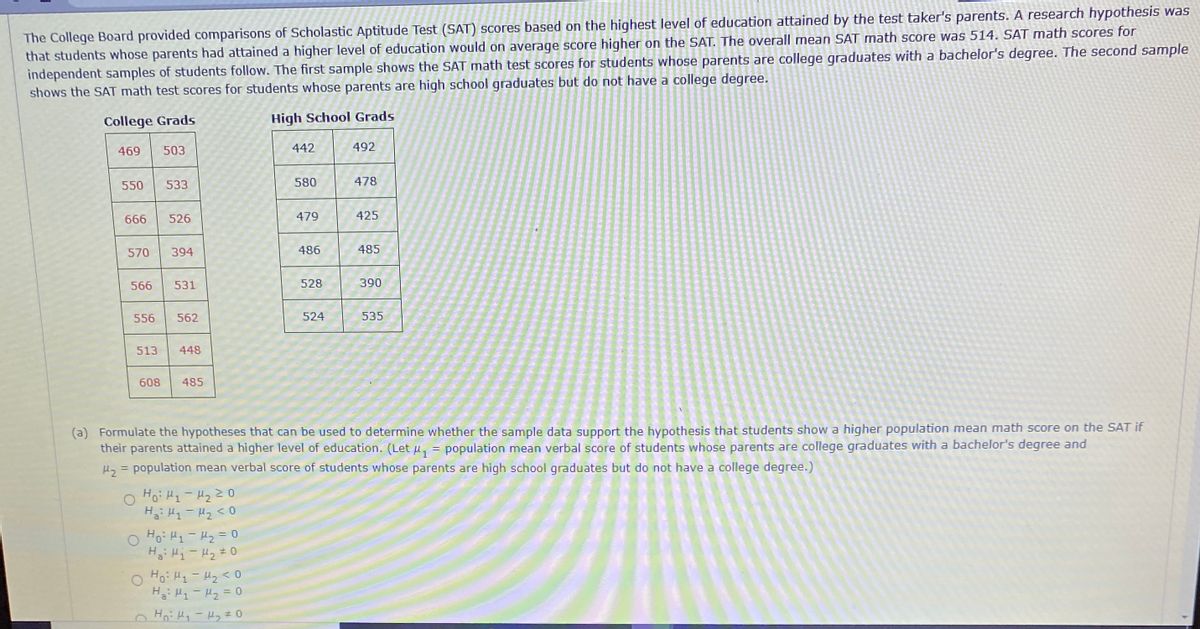 Answered: The College Board provided comparisons…