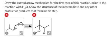 Draw the curved arrow mechanism for the first step of this reaction, prior to the
reaction with H₂O. Show the structure of the intermediate and any other
product or products that form in this step.
x
H
Br