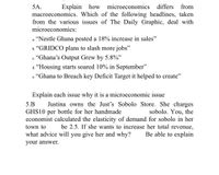 Explain how microeconomics differs from
macroeconomics. Which of the following headlines, taken
from the various issues of The Daily Graphic, deal with
5A.
microeconomics:
a. “Nestle Ghana posted a 18% increase in sales"
b. “GRIDCO plans to slash more jobs"
"Ghana's Output Grew by 5.8%"
с.
d. "Housing starts soared 10% in September"
e. "Ghana to Breach key Deficit Target it helped to create"
Explain each issue why it is a microeconomic issue
Justina owns the Just's Sobolo Store. She charges
sobolo. You, the
economist calculated the elasticity of demand for sobolo in her
be 2.5. If she wants to increase her total revenue,
Be able to explain
5.B
GHS10 per bottle for her handmade
town to
what advice will you give her and why?
your answer.
