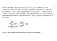 Problem 4) What is the reliability of the following system at 80 hours? The
components all have times to failure following the Weibull distribution with scale
parameter of 55 hours and shape parameter equal to n, where n is the component
number. For example component 3 has the shape parameter equal to 3. (Hint: It may
help to iterate through the component numbers using a computer program such as
MS Excel)
Q) Draw the fault tree representation of the system in problem 4.
