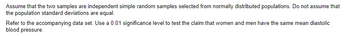 Assume that the two samples are independent simple random samples selected from normally distributed populations. Do not assume that
the population standard deviations are equal.
Refer to the accompanying data set. Use a 0.01 significance level to test the claim that women and men have the same mean diastolic
blood pressure.