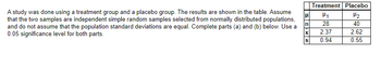 A study was done using a treatment group and a placebo group. The results are shown in the table. Assume
that the two samples are independent simple random samples selected from normally distributed populations,
and do not assume that the population standard deviations are equal. Complete parts (a) and (b) below. Use a
0.05 significance level for both parts.
|P|
In
S
Treatment Placebo
P₁
28
2.37
0.94
H₂
40
2.62
0.55