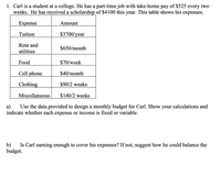 1. Carl is a student at a college. He has a part-time job with take-home pay of $525 every two
weeks. He has received a scholarship of $4100 this year. This table shows his expenses.
Expense
Amount
Tuition
$3700/year
Rent and
$650/month
utilities
Food
$70/week
Cell phone
$40/month
Clothing
$90/2 weeks
Miscellaneous
$140/2 weeks
Use the data provided to design a monthly budget for Carl. Show your calculations and
a)
indicate whether each expense or income is fixed or variable.
b)
Is Carl earning enough to cover his expenses? If not, suggest how he could balance the
budget.
