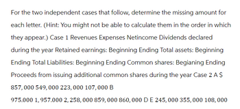 For the two independent cases that follow, determine the missing amount for
each letter. (Hint: You might not be able to calculate them in the order in which
they appear.) Case 1 Revenues Expenses Netincome Dividends declared
during the year Retained earnings: Beginning Ending Total assets: Beginning
Ending Total Liabilities: Beginning Ending Common shares: Begianing Ending
Proceeds from issuing additional common shares during the year Case 2 A $
857,000 549,000 223, 000 107,000 B
975.000 1,957.000 2, 258, 000 859, 000 860, 000 D E 245, 000 355, 000 108,000