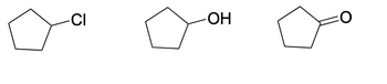 ### Cyclopentane Derivatives: Structural Representation

The image represents the structural formulas of three cyclopentane derivatives. Each structure showcases a different functional group attached to the cyclopentane ring. Understanding these derivatives and their structures is fundamental in organic chemistry, as each functional group imparts unique chemical properties to the molecule.

1. **Chlorocyclopentane**
   - **Structure Description:** The first molecule features a chlorocyclopentane structure. It consists of a cyclopentane ring (five-carbon ring) with a chlorine (Cl) atom attached to one of the carbon atoms in the ring.
   - **Chemical Representation:**
     ```
       Cl
       |
     /    \
    |      |
    \      /
    /______\
     ```

2. **Cyclopentanol**
   - **Structure Description:** The second molecule shows cyclopentanol. It has a cyclopentane ring with a hydroxyl group (OH) attached to one of the carbon atoms. This structure is typical of an alcohol functional group.
   - **Chemical Representation:**
     ```
       OH
       |
     /    \
    |      |
    \      /
    /______\
     ```

3. **Cyclopentanone**
   - **Structure Description:** The third molecule represents cyclopentanone. It has a cyclopentane ring with a ketone functional group (=O), where the oxygen is double-bonded to one of the carbon atoms in the ring.
   - **Chemical Representation:**
     ```
       O
       ||
     /    \
    |      |
    \      /
    /______\
     ```

### Functional Groups and Their Properties

- **Chlorine (Cl):** Chlorine is a halogen and, when attached to an organic molecule, it can significantly alter the reactivity and physical properties, making the compound more susceptible to nucleophilic substitution reactions.
  
- **Hydroxyl (OH):** The hydroxyl group characterizes alcohols. This functional group is polar and can form hydrogen bonds, impacting both the solubility in water and the boiling points.
  
- **Ketone (=O):** The carbonyl group (C=O) in ketones is highly polar, influencing the molecule's reactivity, particularly in nucleophilic addition reactions. Ketones also cannot hydrogen bond with themselves, but they can with other molecules that can donate hydrogen bonds.

