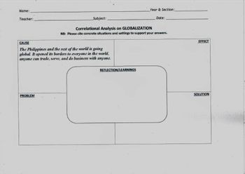 Name:
Teacher:
Year & Section:
Subject:
Correlational Analysis on GLOBALIZATION
Date:
NB: Please cite concrete situations and settings to support your answers.
CAUSE
The Philippines and the rest of the world is going
global. It opened its borders to everyone in the world,
anyone can trade, serve, and do business with anyone.
PROBLEM
REFLECTION/LEARNINGS
EFFECT
SOLUTION