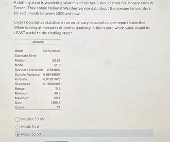 A clothing store is wondering what mix of clothes it should stock for January sales in
Tucson. They obtain National Weather Service data about the average temperature
for each month between 2000 and now.
Excel's descriptive statistics is run on January data and a paper report submitted.
When looking at measures of central tendency in this report, which value would be
LEAST useful to the clothing store?
Mean
Standard Error
Median
Mode
January
Range
Minimum
Maximum
Sum
Count
53.5916667
Standard Deviation 2.584892
Sample Variance 6.68166667
Kurtosis
0.01281023
Skewness
0.19306388
53.65
51.6
Median 53.65
Mode 51.6
Mean 53.59
10.5
48.6
59.1
1286.2
24