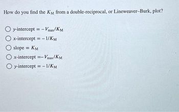 How do you find the KM from a double-reciprocal, or Lineweaver-Burk, plot?
O y-intercept - Vmax/KM
O x-intercept = -1/KM
Oslope
slope = KM
O x-intercept - Vmax/KM
Oy-intercept = -1/KM