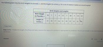 The following table lists the birth weights (in pounds), x, and the lengths (in inches), y, for a set of newborn babies at a local hospital.
Birth Weight
(in Pounds), x
Answer
Length (in
Inches), y
Birth Weights and Lengths
10 7
21 18
7 4 12 7 10 3 1
17
12 12
16 21 19 22 15 21 20
Copy Data
Step 2 of 2: Predict the length of an 8-pound baby. Assume the regression equation is appropriate for prediction. Round your answer to two decimal places
necessary.
Tables
Keyboard S