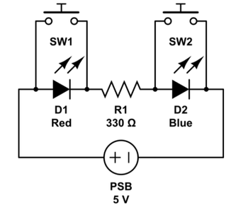 SW1
D1
Red
ww
R1
330 Q2
+1
PSB
5 V
SW2
D2
Blue