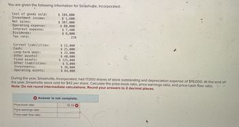 You are given the following information for Smashville, Incorporated.
Cost of goods sold:
Investment income:
Net sales:
Operating expense:
Interest expense:
Dividends:
Tax rate:
Current liabilities:
Cash:
$ 184,000
$ 1,600
$ 387,000
$ 88,000
$ 7,400
$ 6,000
21%
$ 12,000
$ 21,000
Long-term debt:
$ 32,000
$ 40,000
Other assets:
Fixed assets:
Other liabilities:
Investments:
Operating assets:
$ 125,000
$ 5,000
$ 36,000
$ 64,000
During the year, Smashville, Incorporated, had 17,000 shares of stock outstanding and depreciation expense of $19,000. At the end of
the year, Smashville stock sold for $42 per share. Calculate the price-book ratio, price-earnings ratio, and price-cash flow ratio.
Note: Do not round intermediate calculations. Round your answers to 2 decimal places.
Answer is not complete.
Price-book ratio
Price-earnings ratio
Price-cash flow ratio
15.19