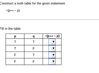 Construct a truth table for the given statement.
~(p→~p)
Fill in the table.
Р
T
T
F
F
q
T
F
T
LL
-(P→-p)