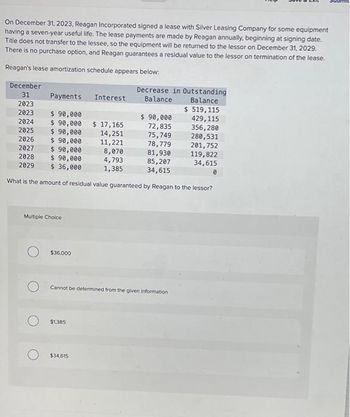 On December 31, 2023, Reagan Incorporated signed a lease with Silver Leasing Company for some equipment
having a seven-year useful life. The lease payments are made by Reagan annually, beginning at signing date.
Title does not transfer to the lessee, so the equipment will be returned to the lessor on December 31, 2029.
There is no purchase option, and Reagan guarantees a residual value to the lessor on termination of the lease.
Reagan's lease amortization schedule appears below:
December
31
2023
2023
2024
2025
2026
2027
Payments
$ 90,000
$ 90,000
$ 90,000
$ 90,000
Multiple Choice
$36.000
Interest
$1,385
$ 17,165
14,251
11,221
8,070
4,793
1,385
78,779
$ 90,000
81,930
2028
$ 90,000
85,207
2029
$36,000
34,615
What is the amount of residual value guaranteed by Reagan to the lessor?
$34,615
Decrease in Outstanding
Balance Balance
$ 90,000
72,835
75,749
Cannot be determined from the given information
$ 519,115
429,115
356,280
280,531
201,752
119,822
34,615
Suomit