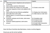 2.2
Actor
System
1.
Sales clerk answers telephone and connects to
a customer
2. Clerk verifies customer information
3. Clerk initiates the creation of a new order
3.1 Create a new order
4.
Customer requests an item to be added to the
order
5. Clerk verifies the item (Checks availability)
5.1 Display item information
6. Clerk adds item to the order
6.1 Add create an order item
7. Repeat steps 4, 5, 6 until all items are added to
the order
8. Customer indicates end of order, clerk enters
8.1 Complete order
8.2 Compute totals
9.1 Verify payment
end of order
9. Customer submits payment; clerk enters
amount
9.2 Create order transaction
9.2 Finalize order
Given the flow of activities described above, create an activity diagram.
Ensure you use the correct symbols.
