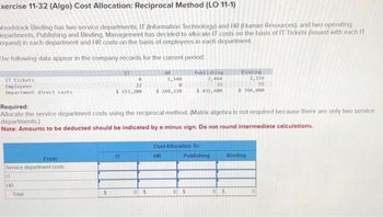 Exercise 11-32 (Algo) Cost Allocation: Reciprocal Method (LO 11-1)
Woodstock Binding has two service departments, IT (Information Technology) and HR (Human Resources), and two operating
epartments, Publishing and Binding. Management has decided to allocate IT costs on the basis of IT Tickets (issued with each IT
equest) in each department and HR costs on the basis of employees in each department.
The following data appear in the company records for the current period:
IT tickets
Employees
Department direct costs
From:
Service department costs
IT
HR
Total
$
IT
0
22
$ 153,200
IT
Required:
Allocate the service department costs using the reciprocal method. (Matrix algebra is not required because there are only two service
departments.)
Note: Amounts to be deducted should be indicated by a minus sign. Do not round intermediate calculations.
HR
1,540
0
$ 248,220
0$
Publishing
2,464
33
$ 431,600
Cost Allocation To:
HR
Publishing
05
Binding
0 $
2,156
55
$394,000
Binding
0