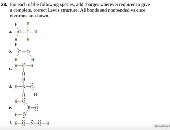 28. For each of the following species, add charges wherever required to give
a complete, correct Lewis structure. All bonds and nonbonded valence
electrons are shown.
a.
b.
H
H
H
H
H
:0-C-H
H
H
H-C-H
C.
H
H
d. H-N-0:
e.
H
H-O
H-O
H
B=0
f. H—Ö—Ñ—Ö—H
Norton Private B