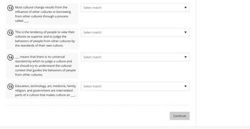 (12) Most cultural change results from the
influence of other cultures or borrowing
from other cultures through a process
called.
13) This is the tendency of people to view their
cultures as superior and to judge the
behaviors of people from other cultures by
the standards of their own culture.
(14)
means that there is no universal
standard by which to judge a culture and
we should try to understand the cultural
context that guides the behaviors of people
from other cultures.
(15) Education, technology, art, medicine, family,
religion, and government are interrelated
parts of a culture that makes culture an
Select match
Select match
Select match
Select match
Continue