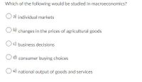 Which of the following would be studied in macroeconomics?
a) individual markets
b) changes in the prices of agricultural goods
c) business decisions
d) consumer buying choices
e) national output of goods and services
