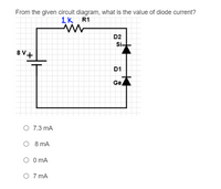 From the given circuit diagram, what is the value of diode current?
1k R1
D2
Si-
8 V+
D1
Ge,
O 7.3 mA
O 8 mA
O O mA
O 7 mA
