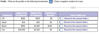 Profits. What are the profits on the following investments, ? Enter a negative number for a loss.
Investment
CD
Stock
Bond
Car
Original Cost
of Investment
$500
$34
$955
$42,000
Selling Price
of Investment
$525
$26
$1,000
$3,220
Distributions
Received
$0
$2
$240
$0
$
$
FA
$
69
$
Dollar Profit/(Loss)
(Round to the nearest dollar.)
(Round to the nearest dollar.)
(Round to the nearest dollar.)
(Round to the nearest dollar.)