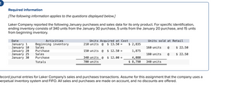 !
Required information
[The following information applies to the questions displayed below.]
Laker Company reported the following January purchases and sales data for its only product. For specific identification,
ending inventory consists of 340 units from the January 30 purchase, 5 units from the January 20 purchase, and 15 units
from beginning inventory.
Date
January 1
January 10
January 20
January 25
January 30
Activities
Beginning inventory
Sales
Purchase
Sales
Purchase
Totals
Units Acquired at Cost
210 units @ $13.50 =
$12.50 =
340 units @ $ 12.00 =
700 units
150 units @
$ 2,835
1,875
4,080
$ 8,790
Units sold at Retail
$ 22.50
160 units @
@ $ 22.50
180 units
340 units
Record journal entries for Laker Company's sales and purchases transactions. Assume for this assignment that the company uses a
perpetual inventory system and FIFO. All sales and purchases are made on account, and no discounts are offered.