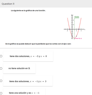 Question 11
O
O
O
La siguiente es la gráfica de una función.
De la gráfica se puede deducir que la parábola que los cortes con el eje x son:
tiene dos soluciones, x = -5 yx = 0
no tiene solución en R
tiene dos soluciones, x = -1yx = 3
f(x)
tiene una solución y es x = -1
| Eje de la
parábola
4
Vertice V(1,-4)