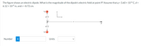 The figure shows an electric dipole. What is the magnitude of the dipole's electric field at point P? Assume that q = 3.60 × 10-6 C, d =
6.12 x 10-6 m, and r = 8.72 cm.
+q
Number i
d/2
d/2
-q
Units