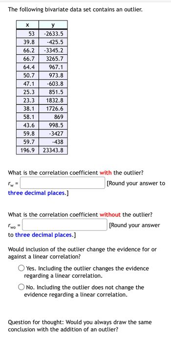 The following bivariate data set contains an outlier.
X
y
53
-2633.5
39.8
-425.5
66.2 -3345.2
66.7 3265.7
64.4
967.1
50.7
973.8
47.1
-603.8
25.3
851.5
23.3 1832.8
38.1
1726.6
58.1
869
43.6
998.5
59.8
-3427
59.7
-438
196.9
23343.8
What is the correlation coefficient with the outlier?
rw
=
three decimal places.]
[Round your answer to
What is the correlation coefficient without the outlier?
rwo =
to three decimal places.]
[Round your answer
Would inclusion of the outlier change the evidence for or
against a linear correlation?
Yes. Including the outlier changes the evidence
regarding a linear correlation.
No. Including the outlier does not change the
evidence regarding a linear correlation.
Question for thought: Would you always draw the same
conclusion with the addition of an outlier?