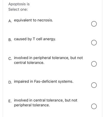 Apoptosis is
Select one:
A. equivalent to necrosis.
B. caused by T cell anergy.
C. involved in peripheral tolerance, but not
central tolerance.
D. impaired in Fas-deficient systems.
E. involved in central tolerance, but not
peripheral tolerance.
O
O
O
O