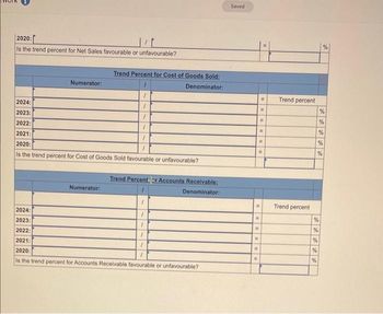 2020:
Is the trend percent for Net Sales favourable or unfavourable?
Numerator:
Trend Percent for Cost of Goods Sold:
1
Denominator:
1
1
1
1
1
2024:
2023:
2022:
2021:
2020:
Is the trend percent for Cost of Goods Sold favourable or unfavourable?
Numerator:
Trend Percent Accounts Receivable:
Denominator:
2024:
2023:
2022:
2021:
2020:
Is the trend percent for Accounts Receivable favourable or unfavourable?
1
1
Saved
=
11
m
#
H
Trend percent
Trend percent
%
%
%
%
%
%
%
de ge
%
%
%