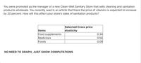 You were promoted as the manager of a new Clean-Well Sanitary Store that sells cleaning and sanitation
products wholesale. You recently read in an article that there the price of vitamins is expected to increase
by 20 percent. How will this affect your store's sales of sanitation products?
Selected Cross price
elasticity
Items
Food supplements
Medicines
Foods
0.34
0.56
0.09
NO NEED TO GRAPH, JUST SHOW COMPUTATIONS
