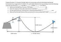 Problem Number 2: In the given flexible cable set-up carrying a uniformly distributed load spread
horizontally has a magnitude of 5.5 KN/m. Fill-up the table below for the required data. Given the following
materials specification, fy (cable) = 415 MPa, f.' (concrte) = 24 MPa, Yconcrete = 23.5 KN/m³.
Determine the Maximum Tension in The Cable =
KN.
Given the capacity of the cable, determineit's diameter=
For the square post at B, what will be it's theoretical dimensions, x =.
mm
mm
What will be the total Volume of the concrete at A to serve as dead man's load =
m3
10 meters
25.00 meters
15.00 meters
20.00 meter
L= 275.00 meters
