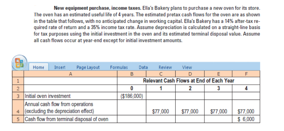 New equipment purchase, income taxes. Ella's Bakery plans to purchase a new oven for its store.
The oven has an estimated useful life of 4 years. The estimated pretax cash flows for the oven are as shown
in the table that follows, with no anticipated change in working capital. Ella's Bakery has a 14% after-tax re-
quired rate of return and a 35% income tax rate. Assume depreciation is calculated on a straight-line basis
for tax purposes using the initial investment in the oven and its estimated terminal disposal value. Assume
all cash flows occur at year-end except for initial investment amounts.
Page Layout
Home
Insert
Formulas
Data
Review
View
Relevant Cash Flows at End of Each Year
2
3
4
3 Initial oven investment
Annual cash flow from operations
4 (excluding the depreciation effect)
5 Cash flow from terminal disposal of oven
($186,000)
$77,000
$77,000
$77,000
$77,000
$ 6,000
