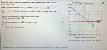 The image presents a task related to understanding the consumer surplus on the demand curve for ice cream cones. Here's a detailed description:

**Instructions:**

1. **Identify the Value of the 10th Ice Cream Cone:**
   - Draw a point that shows the value of the 10th ice cream cone. Label this point "1."

2. **Identify the Willingness to Pay for the 20th Ice Cream Cone:**
   - Draw a point that shows the willingness to pay for the 20th ice cream cone. Label this point "2."

3. **Indicate the Consumer Surplus:**
   - Draw an arrow that shows the consumer surplus on the 20th ice cream cone. Label this arrow "CS."

4. **Calculate the Consumer Surplus:**
   - The consumer surplus on the 20th ice cream cone is represented by the amount in the box with the prompt ">>> Answer to 2 decimal places."

**Graph Explanation:**

- The graph depicts the demand curve for ice cream cones with price (in dollars per ice cream cone) on the y-axis and quantity (ice cream cones per day) on the x-axis.
  
- A blue demand curve labeled "D" slopes downward, indicating the relationship between the price consumers are willing to pay and the quantity of ice cream cones.

- A horizontal pink line represents the market price.

**Additional Instructions:**
- Follow the prompt below the graph: "Click the graph, choose a tool in the palette and follow the instructions to create your graph."

This task aims to help students learn about consumer surplus related to demand and price.