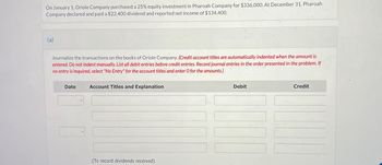 On January 1, Oriole Company purchased a 25% equity investment in Pharoah Company for $336,000. At December 31, Pharoah
Company declared and paid a $22,400 dividend and reported net income of $134,400.
(a)
Journalize the transactions on the books of Oriole Company. (Credit account titles are automatically indented when the amount is
entered. Do not indent manually. List all debit entries before credit entries. Record journal entries in the order presented in the problem. If
no entry is required, select "No Entry" for the account titles and enter O for the amounts.)
Date
Account Titles and Explanation
(To record dividends received)
Debit
Credit