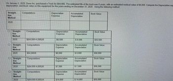 On January 1, 2020, Done Inc. purchased a Truck for $64,000. The estimated life of the truck was 8 years, with an estimated residual value of $4,000 Compute the Depreciation exp
depreciation, and Book value on this equipment for the years ending on December 31, 2020. Using the following method
Straight-
line
Method
2020
Straight.
line
Method
2020
O Straight.
line
Method
2020
Straight-
line
Method
2020
O Straight
line
Method
2020
Computations
Computations
$(64,000+4,000y8
Computations
$64,000/8
Computations
$(64,000-4,000y8
Computations
$(64,000-8,000/4
Depreciation
Expense
Depreciation
Expense
$8.500
Depreciation
Expense
$8,000
Depreciation
Expense
$7,500
Depreciation
Expense
$14,000
Accumulated
Depreciation
Accumulated
Depreciation
$ 8,500
Accumulated
Depreciation
$8,000
Accumulated
Depreciation
$7,500
Accumulated
Depreciation
$ 14,000
Book Value
Book Value
$55,500
Book Value
$56.000
Book Value
$56,500
Book Value
$50,000