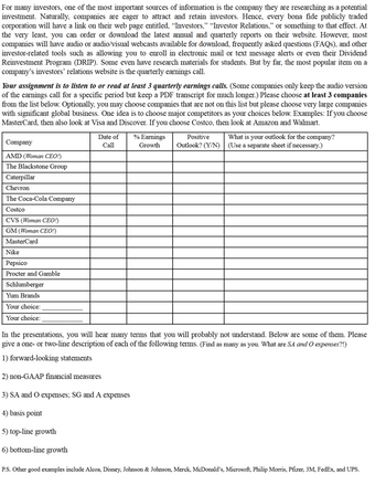 For many investors, one of the most important sources of information is the company they are researching as a potential
investment. Naturally, companies are eager to attract and retain investors. Hence, every bona fide publicly traded
corporation will have a link on their web page entitled, “Investors,” “Investor Relations," or something to that effect. At
the very least, you can order or download the latest annual and quarterly reports on their website. However, most
companies will have audio or audio/visual webcasts available for download, frequently asked questions (FAQs), and other
investor-related tools such as allowing you to enroll in electronic mail or text message alerts or even their Dividend
Reinvestment Program (DRIP). Some even have research materials for students. But by far, the most popular item on a
company's investors' relations website is the quarterly earnings call.
Your assignment is to listen to or read at least 3 quarterly earnings calls. (Some companies only keep the audio version
of the earnings call for a specific period but keep a PDF transcript for much longer.) Please choose at least 3 companies
from the list below. Optionally, you may choose companies that are not on this list but please choose very large companies
with significant global business. One idea is to choose major competitors as your choices below. Examples: If you choose
MasterCard, then also look at Visa and Discover. If you choose Costco, then look at Amazon and Walmart.
Company
AMD (Woman CEO!)
Date of % Earnings
Call
Growth
Positive
Outlook? (Y/N)
What is your outlook for the company?
(Use a separate sheet if necessary.)
The Blackstone Group
Caterpillar
Chevron
The Coca-Cola Company
Costco
CVS (Woman CEO!)
GM (Woman CEO!)
MasterCard
Nike
Pepsico
Procter and Gamble
Schlumberger
Yum Brands
Your choice:
Your choice:
In the presentations, you will hear many terms that you will probably not understand. Below are some of them. Please
give a one- or two-line description of each of the following terms. (Find as many as you. What are SA and O expenses?!)
1) forward-looking statements
2) non-GAAP financial measures
3) SA and O expenses; SG and A expenses
4) basis point
5) top-line growth
6) bottom-line growth
P.S. Other good examples include Alcoa, Disney, Johnson & Johnson, Merck, McDonald's, Microsoft, Philip Morris, Pfizer, 3M, FedEx, and UPS.