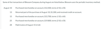 Some of the transactions of Blossom Company during August are listed below. Blossom uses the periodic inventory method.
August 10
13 15
25
28
Purchased merchandise on account, $12,500, terms 2/10, n/30.
Returned part of the purchase of August 10, $1,300, and received credit on account.
Purchased merchandise on account, $15,700, terms 1/10, n/60.
Purchased merchandise on account, $19,800, terms 2/10, n/30.
Paid invoice of August 15 in full.