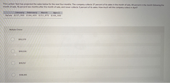 The Lumber Yard has projected the sales below for the next four months. The company collects 37 percent of i sales in the month of sale, 44 percent in the month following the
month of sale, 16 percent two months after the month of sale, and never collects 3 percent of its sales. How much will the company collect in April?
April
January February March
Sales $137,900 $144,400 $151,975 $166,000
Multiple Choice
O
$152,375
$155,530
$119,767
$148,365