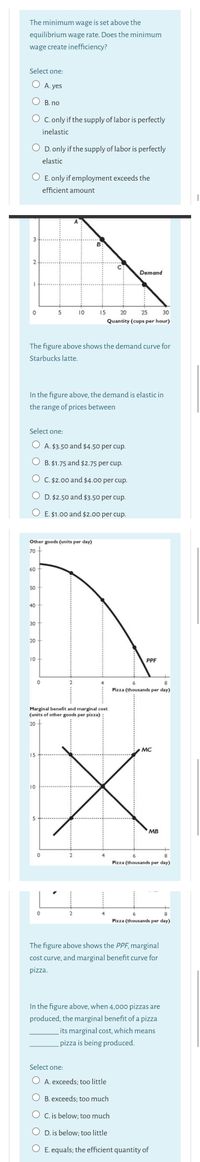 The minimum wage is set above the
equilibrium wage rate. Does the minimum
wage create inefficiency?
Select one:
A. yes
B. no
C. only if the supply of labor is perfectly
inelastic
O D. only if the supply of labor is perfectly
elastic
O E. only if employment exceeds the
efficient amount
Demand
5
10
15
20
25
30
Quantity (cups per hour)
The figure above shows the demand curve for
Starbucks latte.
In the figure above, the demand is elastic in
the range of prices between
Select one:
O A. $3.50 and $4.50 per cup.
B. $1.75 and $2.75 per cup.
C. $2.00 and $4.00 per cup.
D. $2.50 and $3.50 per cup.
O E. $1.00 and $2.00 per cup.
Other goods (units per day)
70
60
50
40
30
20
10
PPF
Pizza (thousands per day)
Marginal benefit and marginal cost
(units of other goods per pizza)
20
MC
15
10
MB
4
8
Pizza (thousands per day)
2
4
6.
Pizza (thousands per day)
The figure above shows the PPF, marginal
cost curve, and marginal benefit curve for
pizza.
In the figure above, when 4,00o pizzas are
produced, the marginal benefit of a pizza
its marginal cost, which means
pizza is being produced.
Select one:
A. exceeds; too little
B. exceeds; too much
O C. is below; too much
D. is below; too little
E. equals; the efficient quantity of
......
......
