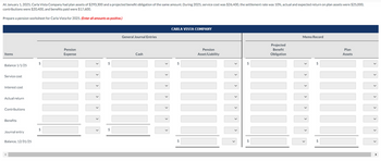 At January 1, 2025, Carla Vista Company had plan assets of $293,300 and a projected benefit obligation of the same amount. During 2025, service cost was $26,400, the settlement rate was 10%, actual and expected return on plan assets were $25,000,
contributions were $20,400, and benefits paid were $17,600.
Prepare a pension worksheet for Carla Vista for 2025. (Enter all amounts as positive.)
Items
Balance 1/1/25
Service cost
Interest cost
Actual return
Contributions
Benefits
Journal entry
Balance, 12/31/25
$
$
Pension
Expense
$
General Journal Entries
Cash
CARLA VISTA COMPANY
$
$
Pension
Asset/Liability
>
$
$
Projected
Benefit
Obligation
Memo Record
$
$
Plan
Assets
>