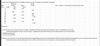 1) Some of the information found on a detailed inventory card for 3T company for December is as follows:
Issued
# units
Date
Dec 1
2
7
10
13
18
20
23
27
28
31
(open)
Instructions
Received
# units
1,150
1,050
600
1,000
1,300
1,500
$/unit
$2.90
3.00
3.20
3.30
3.40
3.60
700
500
300
1,100
800
1,300
Note - received = "purchased" and issued means "sold"
a. From the above data, using the 9 column schedule, calculate the COGS and ending inventory based on each of the following cost formulas:
(Assume that perpetual inventory records are kept. Calculate unit costs to the nearest cent and ending inventory to the nearest dollar)
1. Weighted average cost
2.. First-in, first-out (FIFO)
b. Based on your results in part (a), and assuming that the average selling price per unit during December was $8.00, prepare partial income statements up to the "gross profit on sales" line.
Calculate the gross profit percentage under each inventory cost formula. Round your answers to one decimal place. Which GP is higher?