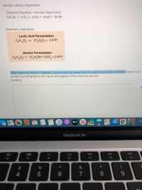 Aerobic cellular respiration
Chemical Equation- Aerobic Respiration
CHI O + 6 02 6 CO2 + 6 H,0 + 36 ATP
Anaerobic respiration
Lactic Acid Fermentation
CH,06 2C,H,0, + 2 ATP
Alcohol Fermentation
C,H20 2C,H,OH + 2CO, + 2 ATP
What chemical reaction happens in your body that causes you to breathe out carbon dioxide? Explain your
answer by talking about the inputs and outputs of the chemical reaction.
(Level 3)
SIN
tv
T
MacBook Air
DII
DD
吕0
F3
F4
F5
F6
F7
F8
F9
2$
&
(
4
5
9.
7
8.
