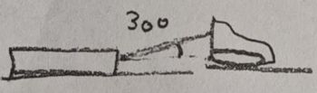 The image depicts a simple diagram of a lever system. On the left is a rectangular block acting as the fulcrum. The lever is at an angle, with the left end of the bar resting on the fulcrum and the right end pressing down towards a box-like object. Above the lever, the number "300" is written, which could represent a force measurement or weight in a hypothetical scenario. This setup is often used to illustrate basic principles of physics, such as the mechanics of levers and forces in equilibrium.