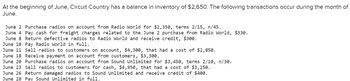 At the beginning of June, Circuit Country has a balance in inventory of $2,650. The following transactions occur during the month of
June.
June 2 Purchase radios on account from Radio World for $2,350, terms 2/15, n/45.
June 4 Pay cash for freight charges related to the June 2 purchase from Radio World, $330.
June 8 Return defective radios to Radio World and receive credit, $300.
June 10 Pay Radio World in full.
June 11 Sell radios to customers on account, $4,300, that had a cost of $2,850.
June 18 Receive payment on account from customers, $3,300.
June 20 Purchase radios on account from Sound Unlimited for $3,450, terms 2/10, n/30.
June 23 Sell radios to customers for cash, $4,950, that had a cost of $3,250.
June 26 Return damaged radios to Sound Unlimited and receive credit of $400.
June 28 Pay Sound Unlimited in full.