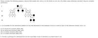 Please consider the following pedigree. Assume that people who marry in to the family do not carry the allele unless otherwise indicated. Assume complete
penetrance.
I
II
5
6
III
6
IV
1 2
a. Is it possible for the inheritance pattern for the trait illustrated in this pedigree to be as a result of each of the following? Answer yes or no.
(i) an autosomal recessive allele (AR)
(ii) an autosomal dominant allele (AD)
(iii) a X-linked recessive allele (XR)
(iv) a X-linked dominant allele (XD)
b. Provide a genotype for individual III-6 for the most likely mode of inheritance as determined in (a).
