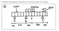 7. Determine the magnitude of the reaction in the structure below due to loading.
1okN
3KN/M
370 8kN
A
Im
4.m
8m
4m
