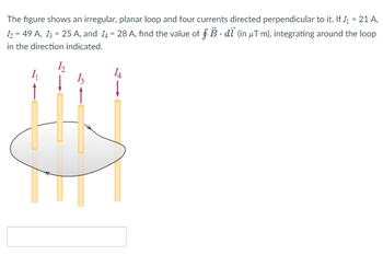 The figure shows an irregular, planar loop and four currents directed perpendicular to it. If I₁ = 21 A,
1₂ = 49 A, 13 = 25 A, and 14 = 28 A, find the value of § B · di (in µT∙m), integrating around the loop
in the direction indicated.
12
13
14