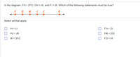 In the diagram, FH = 2FG, GH = HI, and FI = IK. Which of the following statements must be true?
G
H
K
Select all that apply.
HI = IJ
FH = GI
HJ = JK
HK = 2GI
IK = 3FG
FG = HI
