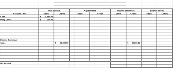 Cash
Petty Cash
Account Title
Income Summary
Sales
Net Income
$
$
Trial Balance
Debit
21.980.00
300.00
$
Credit
49,000.00
Debit
Adjustments
Credit
Income Statement
Debit
Credit
$ 49,000.00
Balance Sheet
Debit
Credit